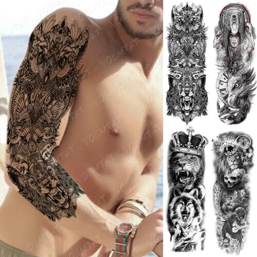 Large Arm Sleeve Tattoo Snake Owl Bear Maori Waterproof Temporary Tatto Sticker Skull Totem Body Art Full Fake Tatoo Women Men