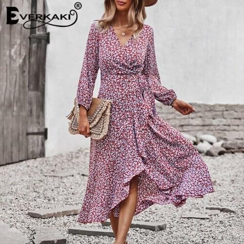 Everkaki Casual Floral Print Maxi Dresses Women Summer Beach Party Elegant Long Sleeve Boho Long Wrap Dress Female 2021 Autumn