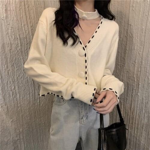 Striped Knitted Sweater Cardigan Women V-Neck Single Breasted Loose Casual Cropped Jumpers with Choker Designer Outwears X550