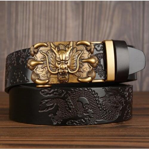 Men Carved Dragon Head Buckle Genuine Leather Belt Automatic Buckle Dragon Claw Jeans Belt Male Waistband SDX002