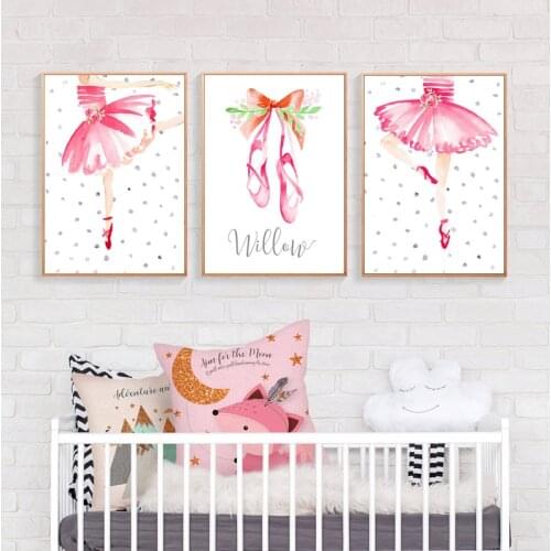 Pink Watercolor Ballet Dancing Girls Wall Art Canvas Poster and Print Cartoon Painting Pictures Nursery Girl Bedroom Decoration