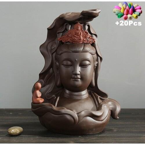 With 20Cones Creative Avalokitesvara Incense Censer Buddhist Backflow Incense Burner Home Decor Incense Holder