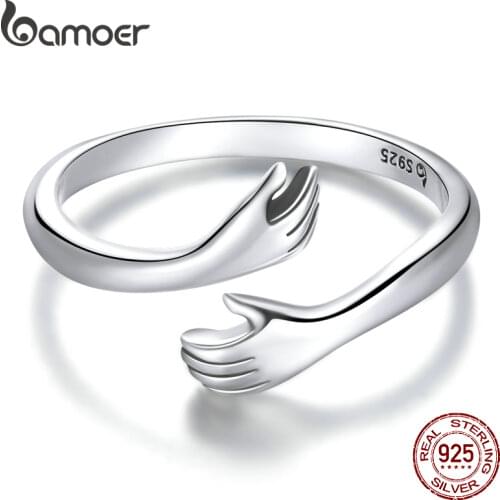 Bamoer 925 Sterling Silver Hug Warmth and Love Hand Adjustable Ring for Women Party Jewelry, His Big Loving Hugs Ring BSR176