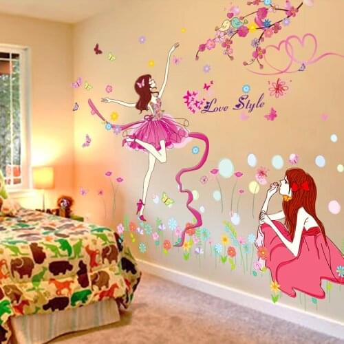 [SHIJUEHEZI] Ballet Dancer Girl Wall Stickers DIY Flowers Bubbles Mural Decal for Kids Rooms Children Nursery Home Decoration