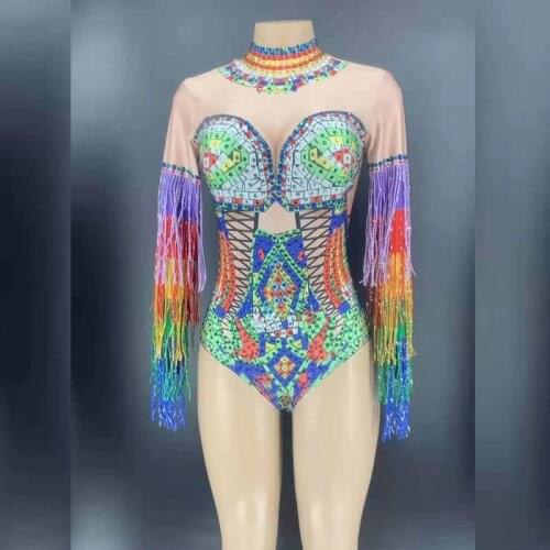 Ethnic Style Sexy Rhinestone Stage Bodysuit Women Nightclub Elastic Crystal Tassel Dancer Leotard Showgirl Performance Wear