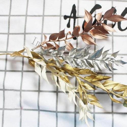 10pcs Dried Preserved White/Gold/Silver Ruscus Leaf Branch For Wedding Party Home Hotel Decoration DIY Flower Project Accessory