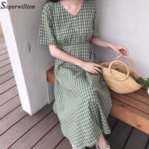 Vintage Dress Summer Women Elegant Long Dresses Plaid Korean Lady 2021 Short Sleeve V-neck A Line Vestidos Mujer Green New A46