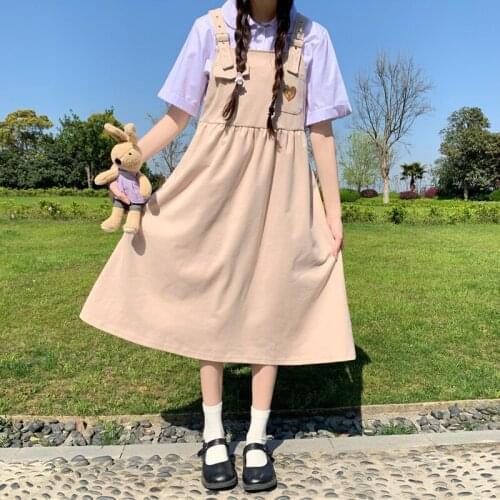 Japanese Sweet Soft Girl 2 Piece Set Women Kawaii Cute Sleeveless Strap Dress Summer New All-Match Solid Short Sleeve Shirt Suit