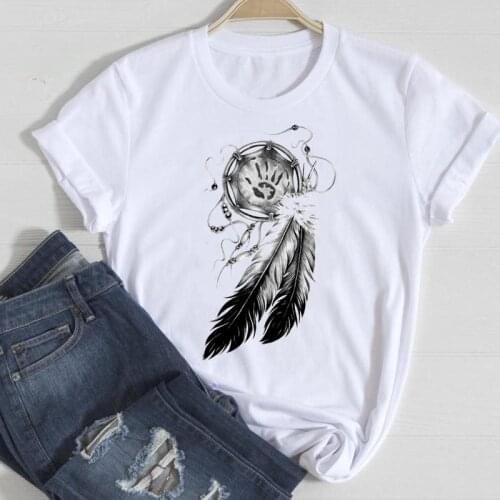 Women Short Sleeve Feather Funny Cute Style Fashion Cartoon Summer Graphic T Top Lady Print Tee Female Tshirts Clothes T-Shirt