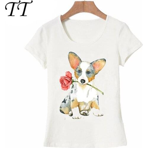 Valentine Rose Cardigan Welsh Corgi print maiden T-Shirt 2021 cute women T Shirt lovely dog design ladies Tops Pretty girl Tees