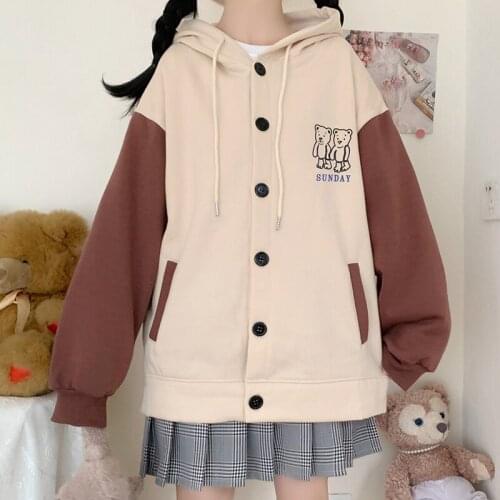 Cute Vintage Bear Patchword Sweet Girl Womens Loose Long Sleeve Jacket Winter Sweatshirt Fall Coat 2020 Dropshipping