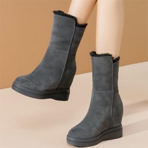 Winter Warm Creepers Women Cow Leather Wedges High Heel Ankle Boots Female High Top Round Toe Platform Snow Boots Casual Shoes