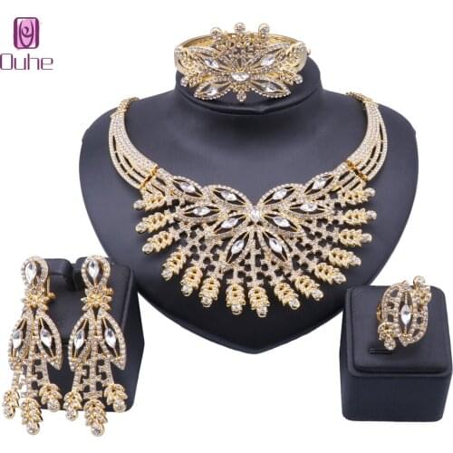 Bridal Dubai Women Jewelry Crystal Rhinestone Necklace Bangle Earrings Ring Indian Party Fashion Jewelry Sets