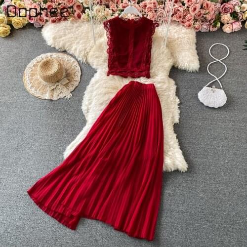 2021 Summer New Sleeveless Round Neck Lace Shirt High Waist Pleated Skirt Large Swing Chiffon Skirt Two-Piece Suit for Women