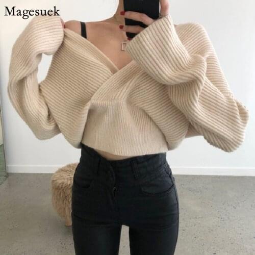 Women Pullover Sweater Autumn and Winter 2021 Fashion Loose Sexy Cross Collar Jumper Sweaters Woman Long Sleeve Knit Tops 16059