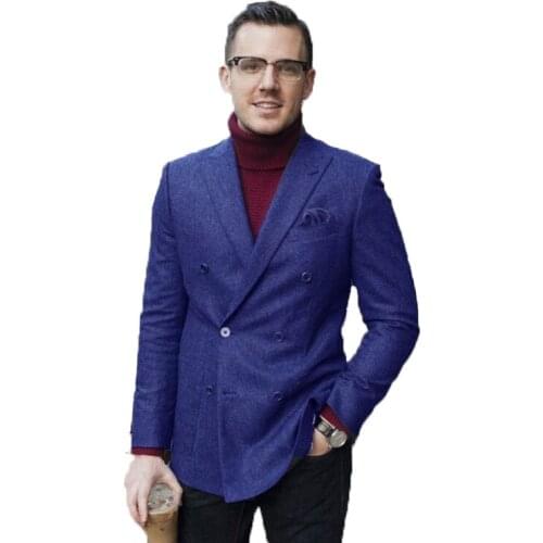 2020 Blue Tweed Men Suits For Wedding Custome Made Dinner Suits Business Suit Evening Dress Groom Wear Two Pieces(Jacket+Pants)