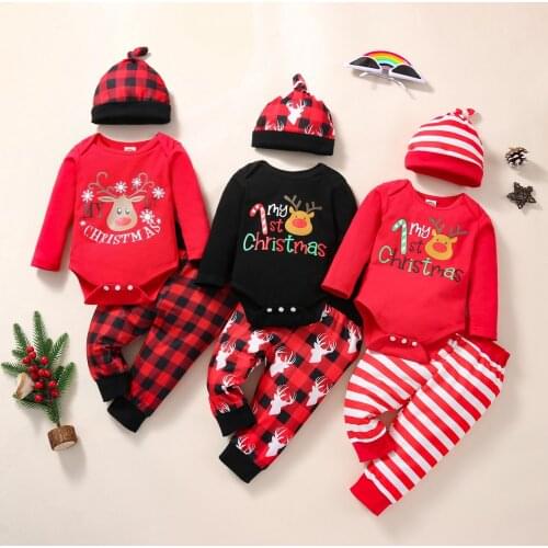 3PCS Baby My First Christmas Set Cartoon Deer Long Sleeve Romper Top+Pants+Hats Infant Xmas Outfits Newborn Clothing Sets