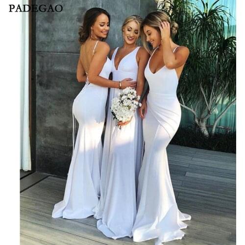 White Mermaid Maxi Style Bridesmaid Dresses Spaghetti V Neck Sexy Backless Country Style Maid Of Honor Wedding Guest Gown