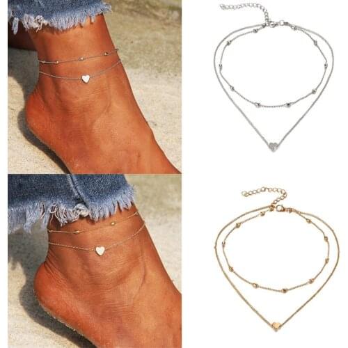Women Ankle bracelet silver Color Anklets Simple Heart Barefoot Crochet Sandals Foot Jewelry Two Layer Foot Leg Bracelet Anklets