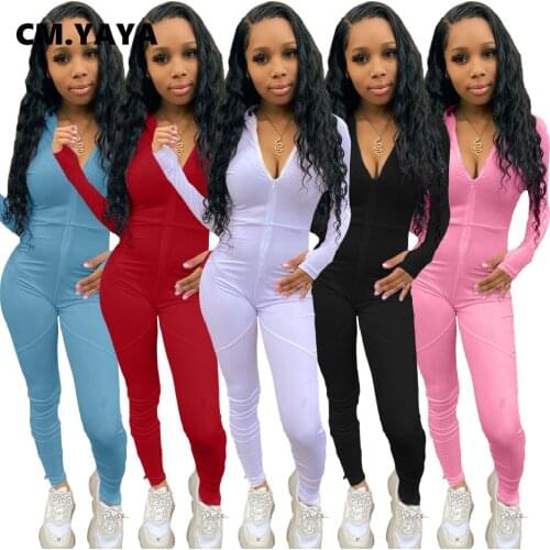 CMYAYA Autumn Streetwear Solid Long Sleeve Zipper Jumpsuit Women Active Bodycon Moto Biker Sport Slit Romper One Piece Overalls