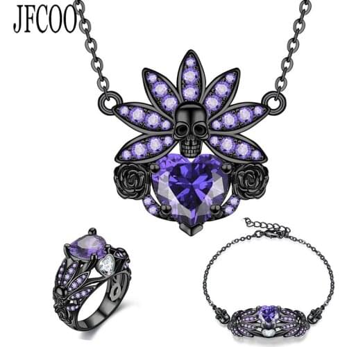 For Women Wedding Necklace bracelet Ring Skull Set Red Purple Green crystal Zirconia Pendant Sets Party Jewelry Dropshipping