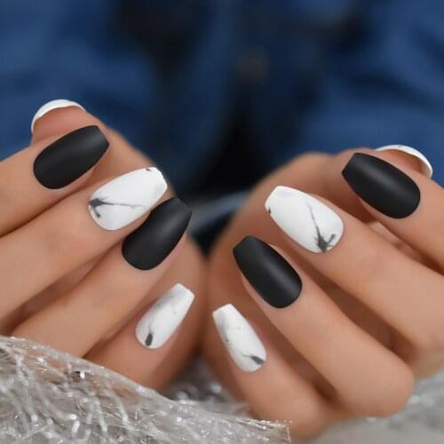 Medium Marble Coffin Nail Black Simple Matte Acrylic Ballerina Nails White Acrylic Nail Tips With Glue