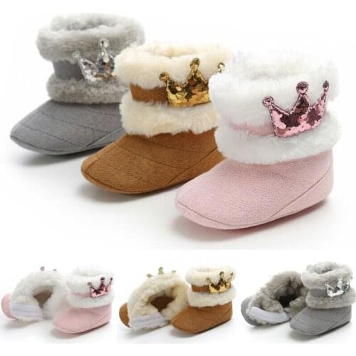 Focusnorm 3 Colors 0-18M Toddler Baby Girl Winter Snow Crown Shoes Soft Crib Sole Shoes Newborn Winter Warm Boots