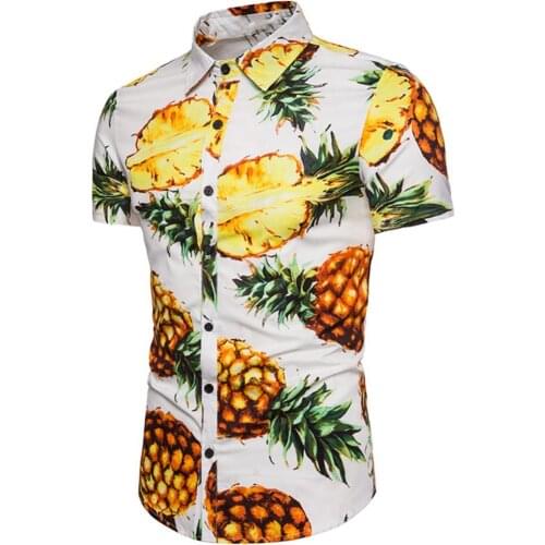 Dioufond Hawaiian Summer Pineapple Print Men Turn Down Collar Short Sleeve Shirt Top Button Down Floral Pineapple Print Shirts