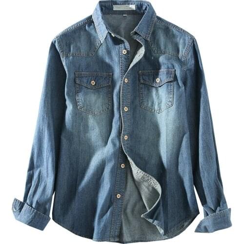 Quality Retro Men Washed Soft Demin Shirts Long Sleeves Button Slim Fit Jean Shirts Mens Cowboy Tees Tops Pocket Casual Hombre