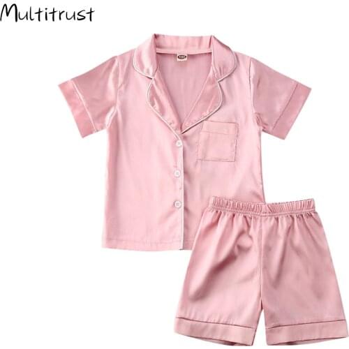 2020 Baby Clothes Set Baby Boy Girl Satin Silk Pajamas Set Short Sleeve Shirt+Pants Sleepwear 2pcs