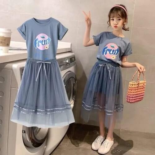 2Pcs Sweet Girls Clothes Set Summer Short Sleeve Long T-shirts Tulle Skirts Sets for Children Girls Princess Party Dresses 2021