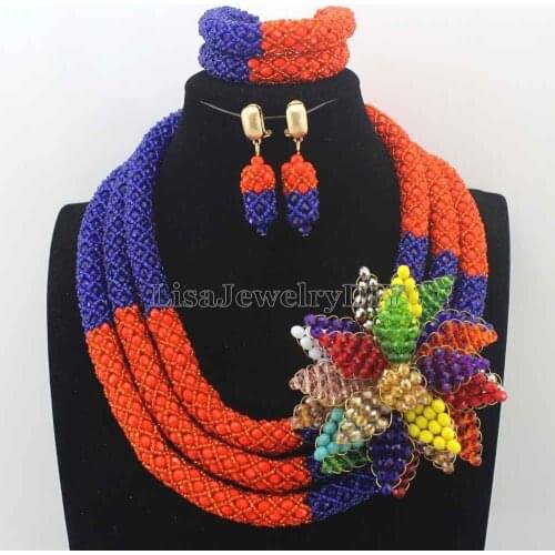 African Wedding Beads Necklace Set Costume Nigerian Beads Royal Blue/Orange Flower Crystal Jewelry Set Free Shipping HD8122