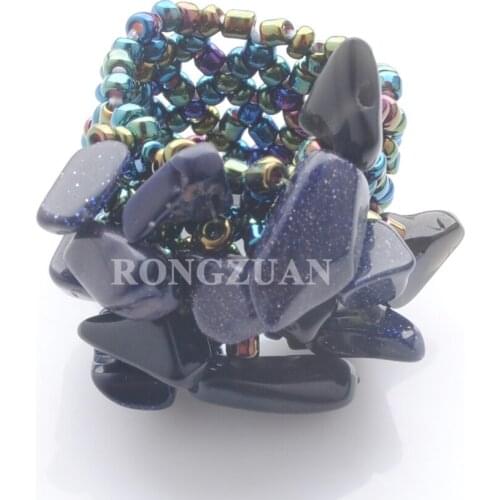Fashion Jewelry Blue Sand Chips Beads Stretchy Finger Ring US 6~10 1pcs TJ3035