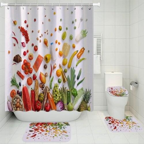 4 Pieces Vegetables Bathroom Set Whole Grains Shower Curtain Toilet Seat White Background 3D Print Bath Carpet Bath Curtains