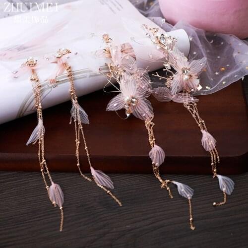 Pink crepe flower barrette earrings set Brides headgear hand-made silk tassel hair earrings wedding accessories