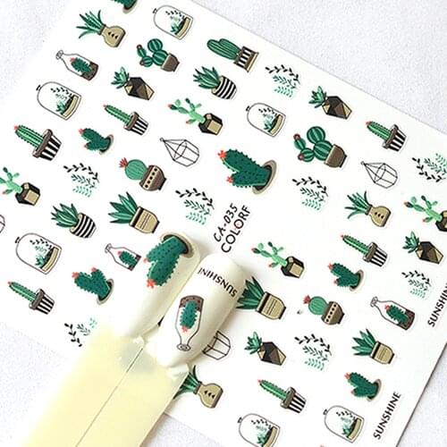 1pcs Nail Stickers Cactus Cartoon Flower Design Transfer Decal Nail Art Decoration DIY Self Adhesive Nail Tool JICA028-036