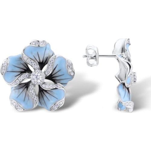 Ofertas Wholesale Milangirl New Arrival Fashion Blue Flower Shape White Round Zircon Stud Earrings Jewelry for Women Girl