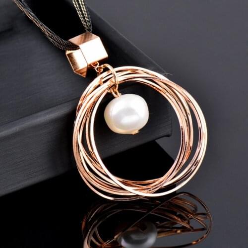 KIOOZOL Large Pearl Ball Multi Circle Pendant Long Necklace For Women Vintage Fashion Jewelry Accessories 296 KO1