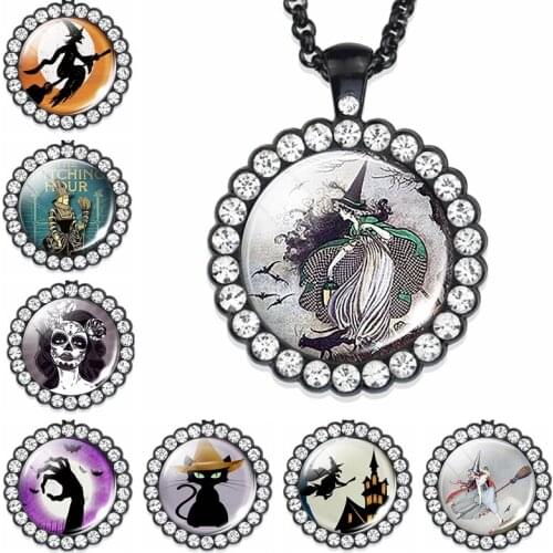 Witch with Broom Necklaces Black Cat and Bat Picture Glass Cabochon Rhinestone Pendant Necklace Halloween Party Jewelry Gift