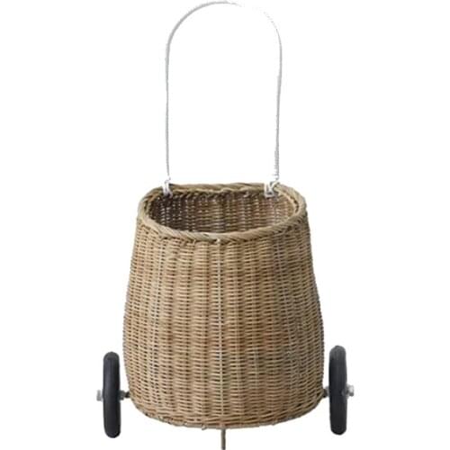 Korean Style Retro Cat Rattan Woven Trolley Play House Cart Toy Doll Car Childrens Room Decoration Photo Props