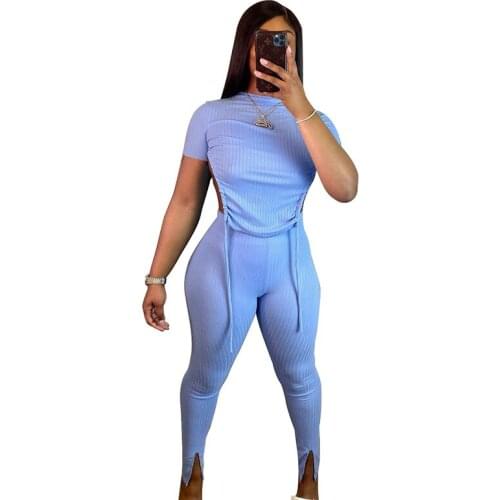 Casual Drawstring Knit Rib Tracksuit Women Sexy Backless Short Sleeve Crop Top + Slit Hem Pants Slim Two Piece Set Women Suit