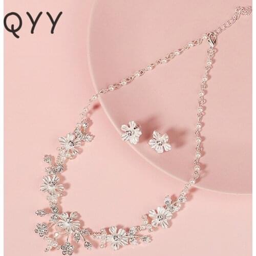 QYY Fashion Flower Bridal Jewelry Sets Silver Color Rhinestone Wedding Necklace and Earrings Set for Women Accessories Gifts