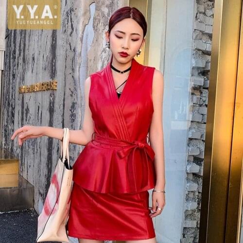 Luxury Office Ladies Belted Ruffles Vest Tops Deep V Neck Sheepskin Genuine Leather Waistcoat Women Lace Up Sleeveless Jacket