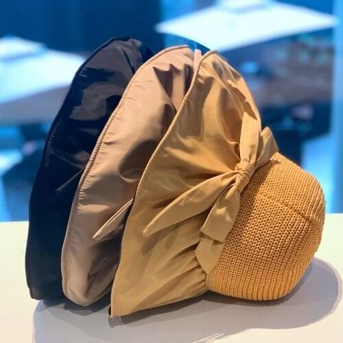 New Women Summer Hollow Out Outdoor Wide Brim Sun Protection Hats Beach Ladies Elegant Bow-knot Bucket Hat Foldable Sunhat Caps