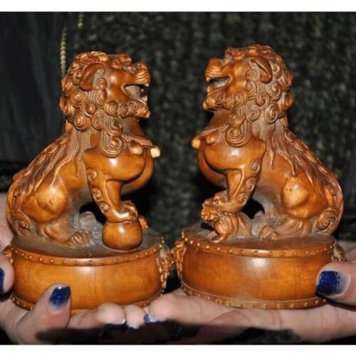 Old china Boxwood wood master hand carved foo dog lion rich animal statue pair