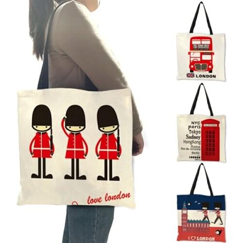 British Style Handbags For Women Reusable Shopper Bag Retro Telephone Bus Print Shoulder Bags for School Traveling B10094