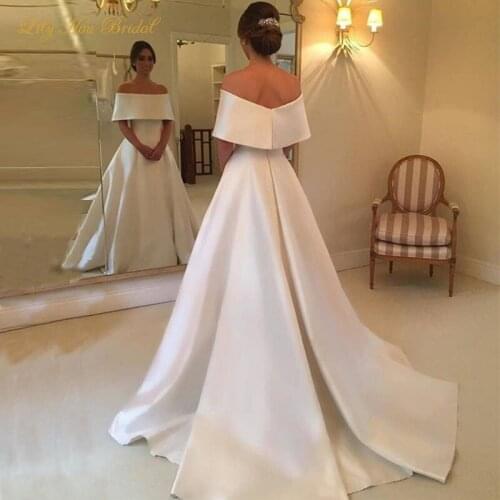 Plain Satin A Line Wedding Dresses Off the Shoulder Simple Elegant Modern Bridal Gowns with Sweep Train Custom Made
