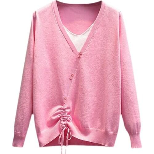 V-neck Patchwork Sweater Women Vintage Jumper Soft Knitted Pullover Long Sleeve Autumn 2021 Female Fake 2 Pieces Oversize Tops