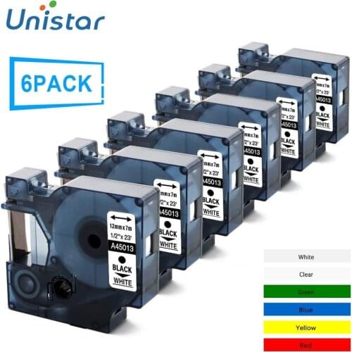Unistar 6PCS Label Tape 12mm Compatible for Dymo and for D1 Label Maker Black On White LabelManager A45013 A45010 A45018 A45017