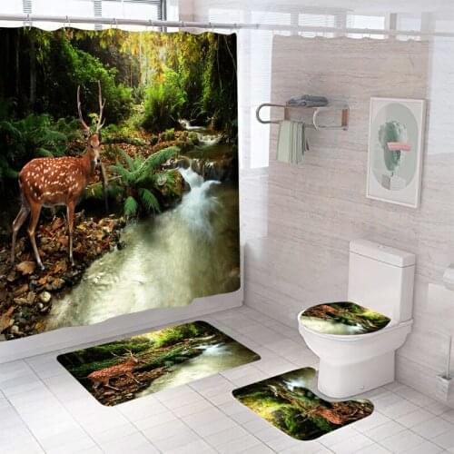 Waterproof Bath Shower Curtain Sets Toilet Seat Cover Non-Slip Bath Mat Rug Carpet Bathroom Decor Polyester Fabric Washable